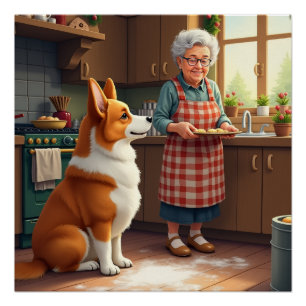 Corgi Bakken met oma Kerstschilderij Perfect Poster