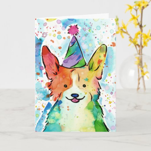 Corgi Birthday Party Kaart (Gele Bloem)