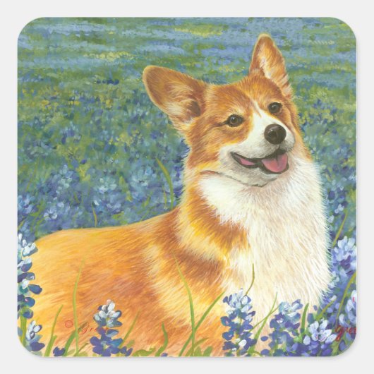 Corgi & Bluebonnets Portret Vierkante Sticker (Voorkant)