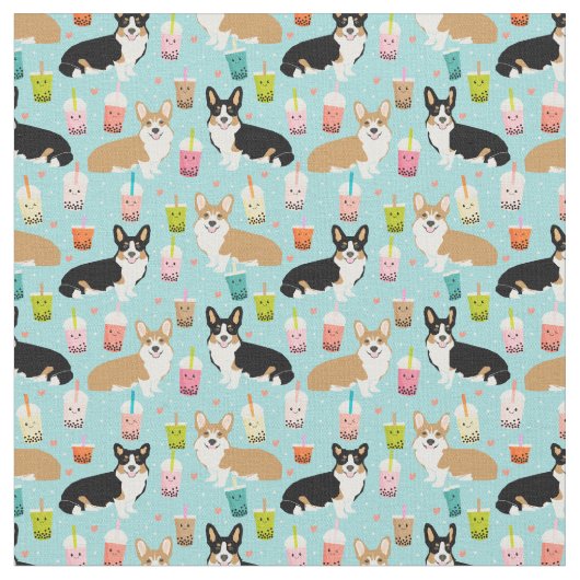 Corgi Boba Tea stof - bubble tea fabric (Close Up)