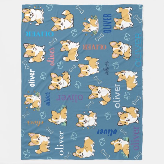 Corgi Botten Harten Blauwe Patroon Ontwerp Fleece Deken (Voorkant)