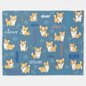 Corgi Botten Harten Blauwe Patroon Ontwerp Fleece Deken (Voorkant (Horizontaal))