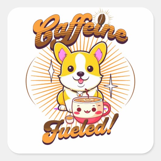 CORGI CAFEÏNE BRANDSTOF! VIERKANTE STICKER (Voorkant)