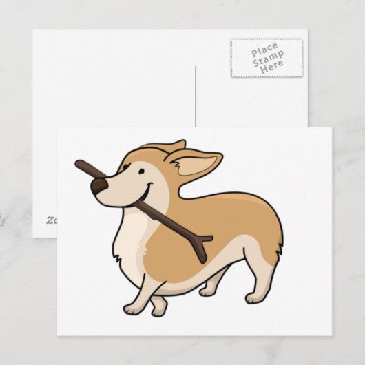 corgi cartoon w stick briefkaart (Voorkant / Achterkant)