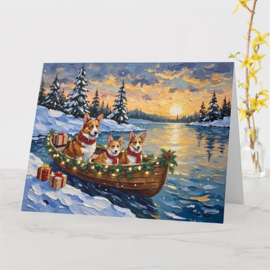 Corgi Christmas Boat Holiday Kaart (Gele Bloem)