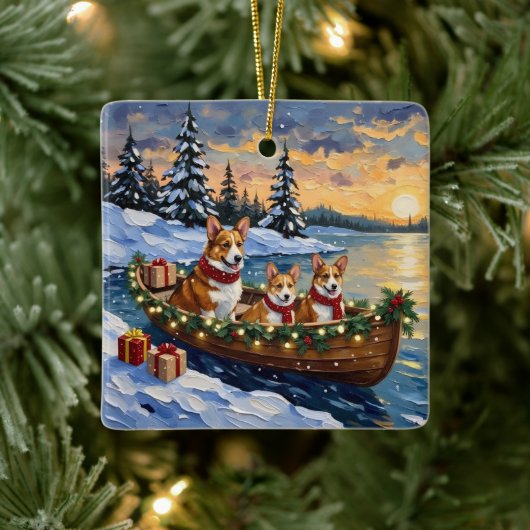 Corgi Christmas Boat Holiday Keramisch Ornament (Boom)
