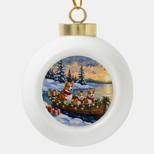 Corgi Christmas Boat Holiday Keramische Bal Ornament (Voorkant)