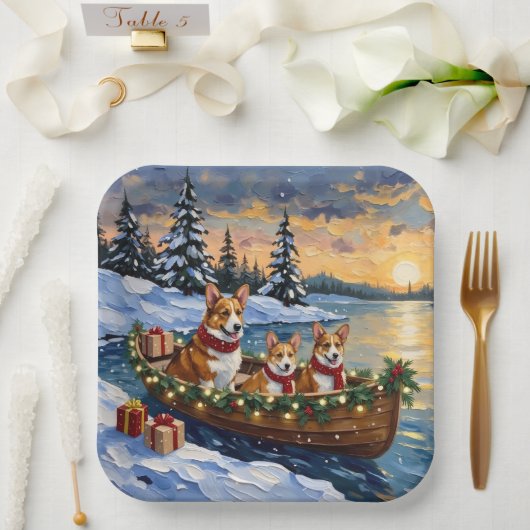 Corgi Christmas Boat Holiday Papieren Bordje (Huwelijk)