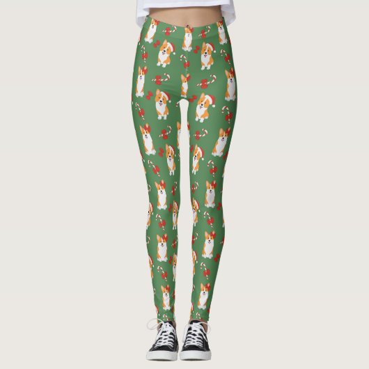 Corgi Christmas Candy Cane Pattern Leggings (Voorkant)