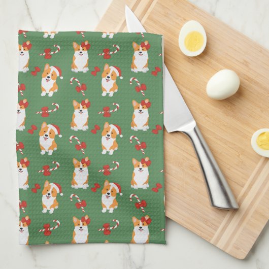 Corgi Christmas Candy Cane Pattern Theedoek (Quarter Fold)