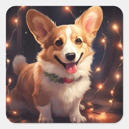 Corgi Christmas Lights Vierkante Sticker (Voorkant)