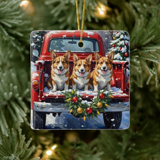 Corgi Christmas Red Truck Holiday Keramisch Ornament (Boom)