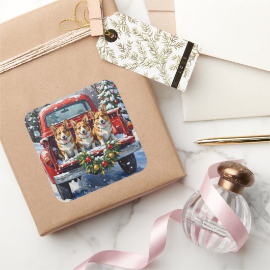 Corgi Christmas Red Truck Holiday Vierkante Sticker (Geschenken)