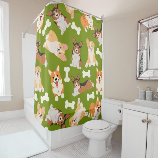 Corgi Cute Pattern in Green Douchegordijn (In situ)