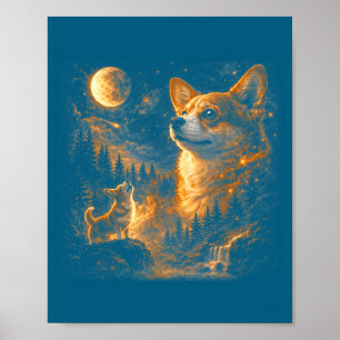 Corgi die naar de maan huilt vintage 90s retro die poster