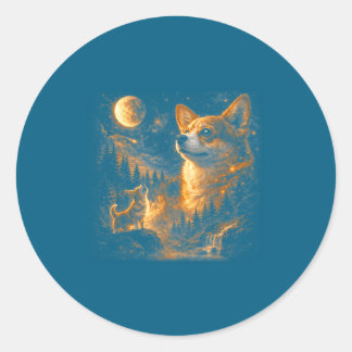 Corgi die naar de maan huilt vintage 90s retro die ronde sticker