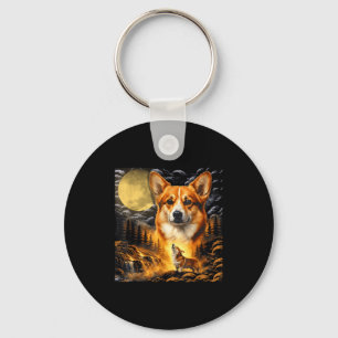 Corgi die naar de maan huilt, vintage maan 90s die sleutelhanger