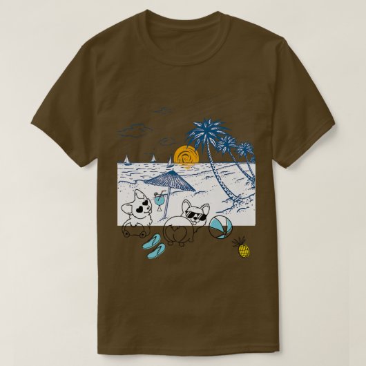 Corgi Dog Beach Uitzicht met palmbomen en zeilbote T-shirt (Design voorkant)