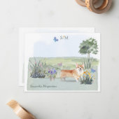 Corgi Dog Butterfly Meadow Monogram en naam   Notitiekaartje (Voorkant / Achterkant in situ)