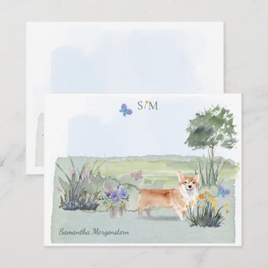 Corgi Dog Butterfly Meadow Monogram en naam Notitiekaartje (Voorkant / Achterkant)