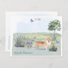 Corgi Dog Butterfly Meadow Monogram en naam   Notitiekaartje