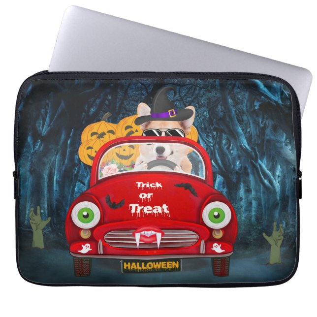 Corgi Dog Driving Car Scary Halloween Laptop Sleeve (Voorkant)