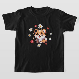 Corgi Dog en Boba Tea Lover Bloemen T-shirt