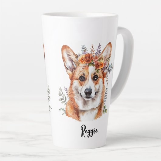 Corgi Dog Floral Sublimation Design Latte Mok (Rechterhoek)