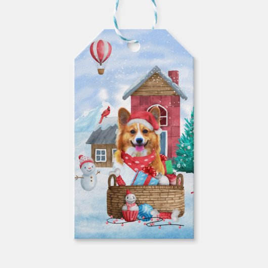 Corgi Dog in het sneeuwkersthondenhuis Cadeaulabel (Voorkant)