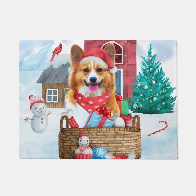 Corgi Dog in het sneeuwkersthondenhuis Deurmat (Voorkant)