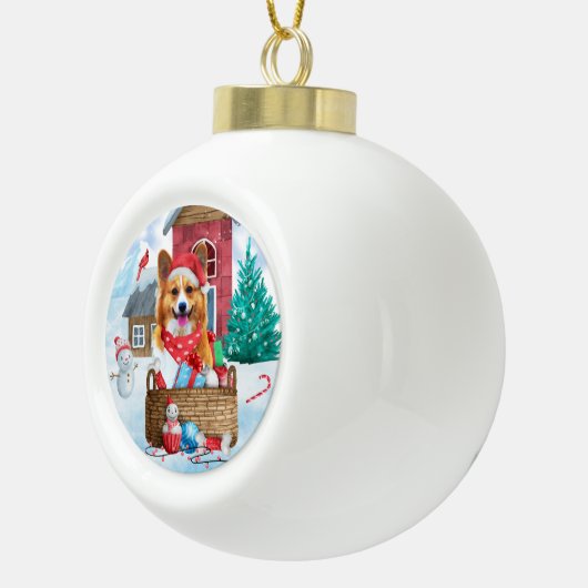 Corgi Dog in het sneeuwkersthondenhuis Keramische Bal Ornament (Rechts)