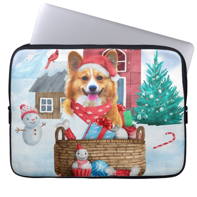 Corgi Dog in het sneeuwkersthondenhuis Laptop Sleeve (Voorkant)