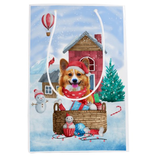 Corgi Dog in het sneeuwkersthondenhuis Medium Cadeauzakje (Voorkant)