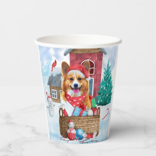 Corgi Dog in het sneeuwkersthondenhuis Papieren Bekers (Achterkant)