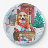 Corgi Dog in het sneeuwkersthondenhuis Papieren Bordje (Voorkant)