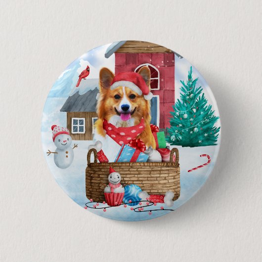 Corgi Dog in het sneeuwkersthondenhuis Ronde Button 5,7 Cm (Voorkant)