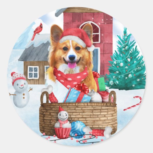 Corgi Dog in het sneeuwkersthondenhuis Ronde Sticker (Voorkant)