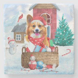 Corgi Dog in het sneeuwkersthondenhuis Stenen Onderzetter