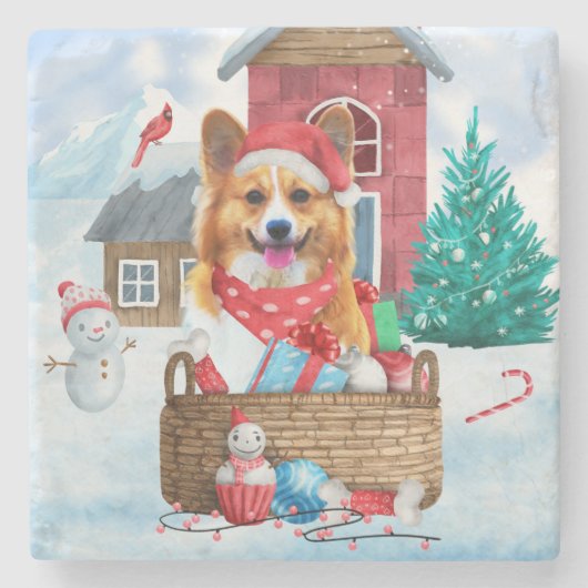 Corgi Dog in het sneeuwkersthondenhuis Stenen Onderzetter (Voorkant)