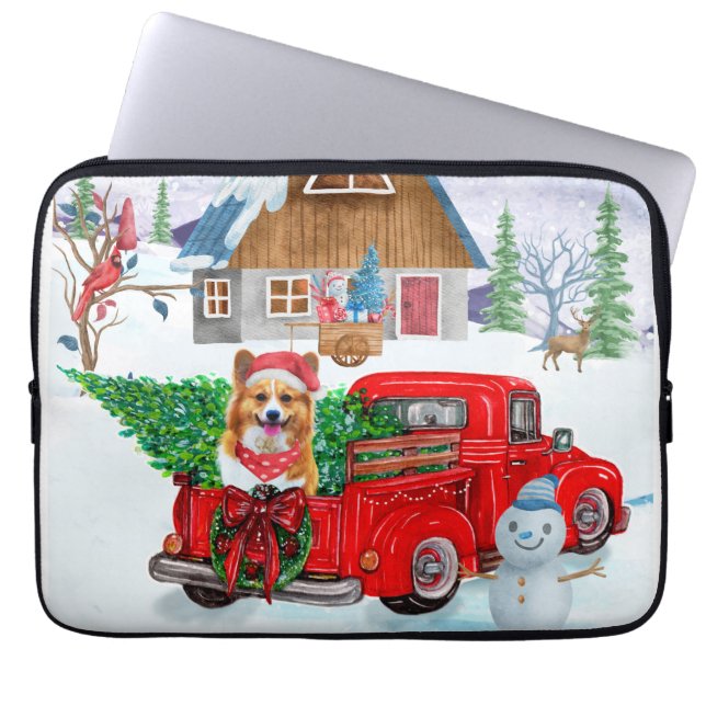 Corgi Dog in kerstcadeauwagen Laptop Sleeve (Voorkant)