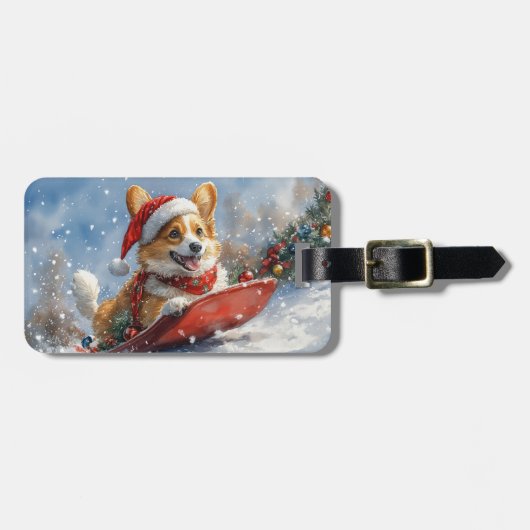 Corgi Dog in Sledge Laat het Sneeuw Kerstmis Bagagelabel (Voorkant horizontaal)