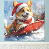 Corgi Dog in Sledge Laat het Sneeuw Kerstmis Canvas Afdruk (Insitu (Houten vloer))