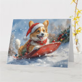 Corgi Dog in Sledge Laat het Sneeuw Kerstmis Kaart (Gele Bloem)