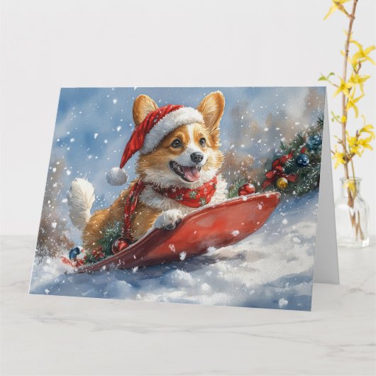 Corgi Dog in Sledge Laat het Sneeuw Kerstmis Kaart (Gele Bloem)