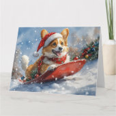 Corgi Dog in Sledge Laat het Sneeuw Kerstmis Kaart (Voorkant)