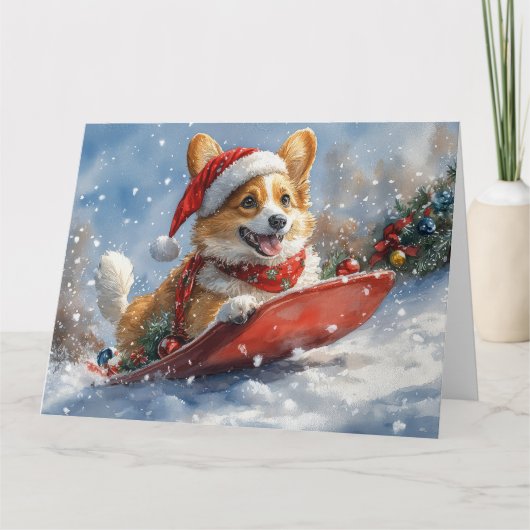 Corgi Dog in Sledge Laat het Sneeuw Kerstmis Kaart (Voorkant)