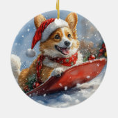 Corgi Dog in Sledge Laat het Sneeuw Kerstmis Keramisch Ornament (Achterkant)