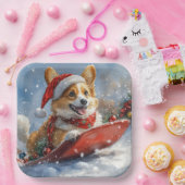 Corgi Dog in Sledge Laat het Sneeuw Kerstmis Papieren Bordje (Feest)