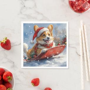 Corgi Dog in Sledge Laat het Sneeuw Kerstmis Servet