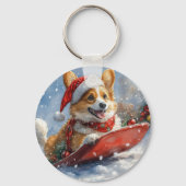 Corgi Dog in Sledge Laat het Sneeuw Kerstmis Sleutelhanger (Voorkant)